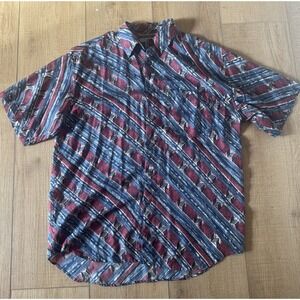 Vintage 100% Silk Shirt Mens Medium Short Sleeve Button Blue Red Geometric
